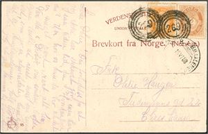74,75. 2 øre- og 3 øre Posthorn på postkort, annullert med 4-rings "269" (Lunder i Svindal, Vaaler, ØF) og ved siden stemplet "Vaaler i Smaalenene 16.6.08".