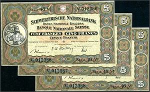 12 banknotes, of which five 5 Francs 1949, Serie 46 M from Switzerland (3 in numerical order). The 7 other banknotes are very common.