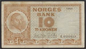 10 Kroner 1960 Z Erstatning 0-mill Kv 1-. Flekker *