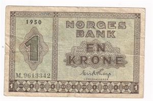 1 krone 1950 M, lavt opplag.