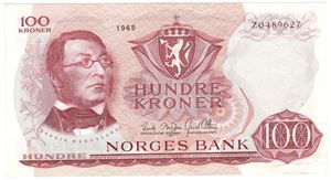 100 kroner 1965 Z.0489627. Erstatningsseddel. SS-seddel. Kv.1/1+