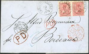 15. 16 skillings porto til Frankrike. 8 skill 8 i horisontalt par på brevomslag til Bordeaux, stemplet "Christianssand 20.5.1871". Ved siden transittstempel "London paid 22 My 71" og fransk stempel fra "Calais"