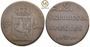 2 skilling 1825 Carl XIV Johan. Kv.1/1+