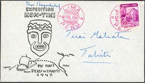 20 cts fra Peru på Kon-Tiki konvolutt, stemplet "Lima Peru April 1947" i rødlilla. Signert "Thor Heyerdahl".