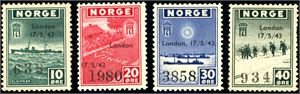 333,335-337. 10 øre-, 20-, 30- og 40 øre Londonmerke med overtrykk. Bl.a. noen korte tagger.
