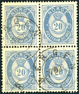 54 IV. 20 øre 20 mm i 4-blokk, stemplet "Bergen 27.8.92".
