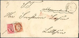25,27. 30 øres innenlandsporto. En 10 øre- og en 20 øre skravert Posthorn på dobbeltvektig rekommandert brevomslag, stemplet "Christianssand 31.10.1877" og sendt til Lillesand.