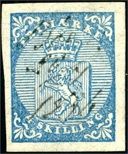1. 4 skilling Våpen 1855, annullert med håndskrevet "Bøe 20/7 1856". Gode- til normale marger. Attest FCM.