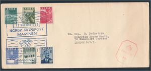 NK 333-38 på brev st "Norsk Skipspost Marinen 17 mai 1944 - 113". Sent til London