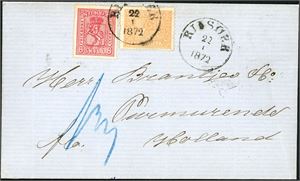 12,15. 10 skillings porto til Holland. 2 skill 2 og 8 skill 8 på brevomslag til Purmerende, stemplet "Riisøer 22.1.1872". "Christiania Omk" og ankomststempel på baksiden.
