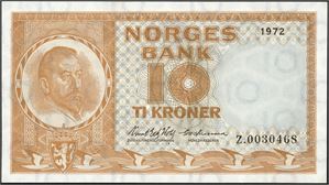 10 kroner 1972, serie Z.0030468. Erstatningsseddel. 0/01