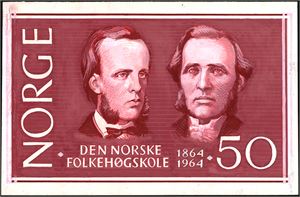 Knut Løkke-Sørensen. Originaltegning av 50 øre Folkehøgskolen 100 år i 1964 (NK 558). Ca 21 * 12,5 cm.