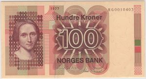 100 kroner 1977 HG. Erstatningsseddel. 66 EPQ. Kv.0