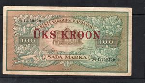 ESTLAND 1923, 1 Kroon övertryckt på 100 marka, småfel (riss, vek mm)