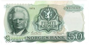 50 kroner 1973 X.3135305. Erstatningsseddel. Kv.0/01