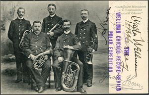 Postcard with pictures of the "Norddeutsches Blasquintett, Nordlandsreise nach Jacht Oihonna", with "The Wellman Chicago Record-Herald Polar Expedition" in lillac together with several signatures including Walter Wellman and Gaston Hervieu. The postcard´s other side with one 10 øre Posthorn cancelled "Hammerfest 20.7.06", one 5 øre Spitsbergen in green cancelled "Virgo-Hafen Spitzbergen" and the company mark"Reise nach Spitzbergen mit dem Polarfahrer Capt. Bade, Wismar i. Mecklbg.".