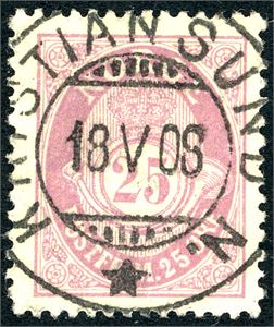 80. 25 øre fintaggt Knudsen, rettvendt fullstemplet "Kristiansund N. 18.5.08". Luksus!