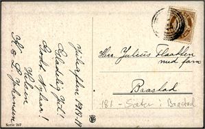 97. 2 øre posthorn på postkort, annullert med 4-rings "181" (Sæter i Baastad, ØF). Kortet er sendt lokalt i Baastad 1918/19.