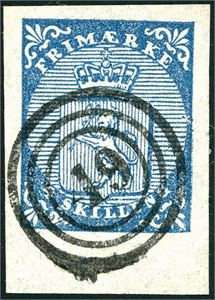 1. 4 skilling Våpen 1855, pent stemplet "49" (Drøbak, AK). Del av arkrand nede, de øvrige er også brede.