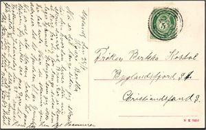 99. 5 øre Posthorn på meget fint postkort, anert med 4-rings "293" (Spedalen, AA). Kortet er datert "Ugland 25/9" uten årstall. Merket med feil.