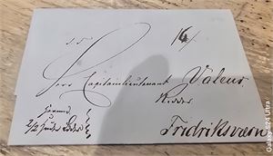Komplett brev, fra Christiansand til Frederikshald 14. July 1848, påskrevet "Hermed 2/2 Huder Læder" i nedre venstre hjørne, samt påskrevet porto "16/" opp mot høyre.