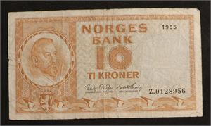 10 kroner 1955 Norge 1- Z0128956, RRR, to svake bretterifter, skitten