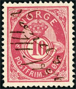 43. 10 øre 21 mm, anert med håndskrevet stedsnavn "Vanelv 17/1 1886" (MR).