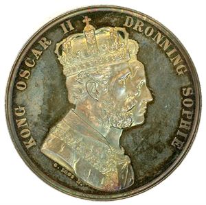 Kong Oscar II, Dronning Sophie. Kroning i Trondhjem 18. juli 1873. Kullrich. Sølv. Hild.50. 0/01