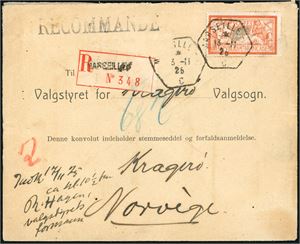 2 Fr 1920 on envelope, cancelled "Marseille 3.11.25" and sent recommended to "Valgstyret for Kragerø Valgsogn" også påskrevet "denne konvolut indeholder stemmeseddel of forfalsanmeldelse". Dette viser hvordan norske sjømenn var med på å stemme under valg, allerede i 1925.