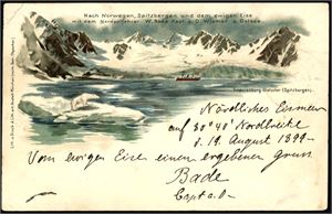 Kapt. Bade. Tre Bade-kort, alle med Spitsbergen-etikett. Det ene skrevet og signert av Kaptein Bade selv. Anmerkninger på alle, men det med signatur, har kun mindre.