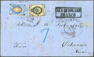 18,22. Russia. 21 K postage to Norway. One 1 K and one 20 K on complete letter to Østerrisøer, canceled "Odessa 24 1871" and "Aus Russland Franco" postmark at side. One German postmark and "Christiania Omk 12.8.1871" at reverse.
