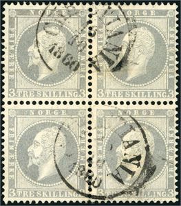 3. 3 skilling Oscar i 4-blokk, stemplet "Christiania 16.10.1860". En horisontal arkivbrett gjennom de øverste merkene, sees lite fra forsiden.