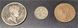 FRANKRIKE 2 Francs 1811 ag, 20 c 1866 ag samt 5c  AN 4 Cu (första republiken).