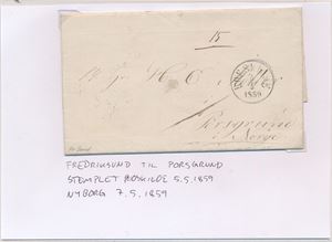 DANMARK Brev Fredriksund til Porsgrund stemplet "ROSKILDE 5-5-1859" og "NYBORG 7-5-1859"