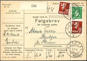 To 25 øre- og en 1 kr løve på Følgebrev, anert med hjelpestempel "Gjøvdal 5.1.45".