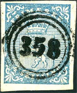 1. 4 skilling våpen 1855, anert med nummerstempel "358" (Liknæs, VA, 10 pkt). Normale- til litt smale marger. Attest FCM