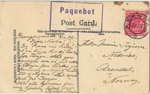 PAQUEBOT Arendal. Kort fra Grangemouth stemplet "Arendal" og Paquebot i 1907. Engelsk frankering. Noen flekker på kortet.