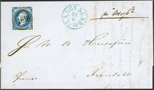 4. 4 skilling Oscar på komplett brev, anert med nummerstempel "169" og ved siden stemplet "Langesund 24.6.1858" samt påskrevet "pr "Moss"" om bord på dampskibet. Attest FCM.