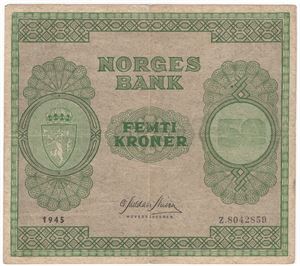 50 kroner 1945 Z.8042859 8-million erstatningsseddel. R-seddel. Kv.1