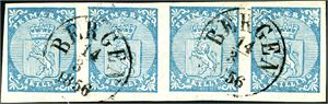 1. 4 skilling våpen 1855 i horisontal 4-stripe, stemplet "Bergen 14.3.1856". Gode marger. Pos. A 33-36. Attest Aune.