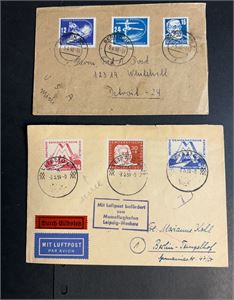 DDR Luftpostbrev med spesialstempel "LEIPZIG"  og gummistempel "MIT LUFTPOST BEFÖRDERT VOM MESSENFLUGHAFEN LEIPZIG.MOCKAU" Også brev med Mi 246-47 (€ 75)