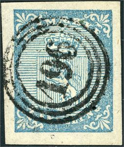 1. 4 skilling våpen 1855, anert med nummerstempel "196" (Maaren, SF, ikke notert i NK Postal). Gode marger i alle sider.