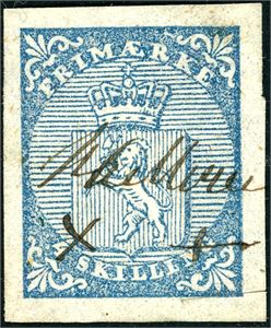 1. 4 skilling våpen 1855, anert med håndskrevet "Hitteren" (ST). Gode marger.