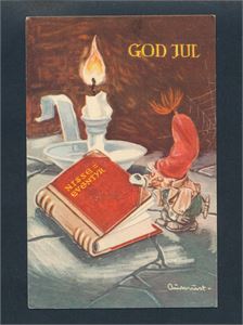 KUNSTNERKORT AUKRUST nisse med eventyrbok (Oppi 602/1) brukt 1948