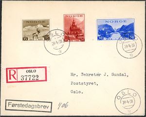 217/19. Turistmerkene med vannmerke på rekommandert konvolutt, stemplet "Oslo 20.4.38".