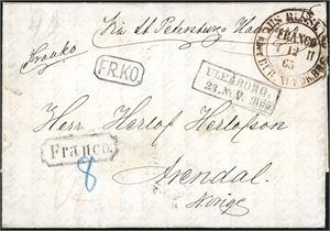 Komplett ufrankert brev, stemplet "Uleåborg 28. Nov. 1865" og sendt til Arendal. Transittstempler på for- og baksiden.