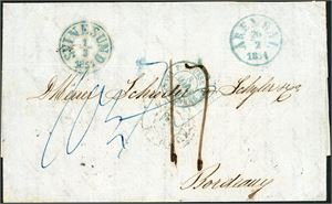 Komplett brev, stemplet "Arendal 26.2.1854" og sendt til Bordeaux. Ved siden transittstemplet "Svinesund 1.3.1854"samt "Prusse Valer". Baksiden med 5 stempler, bl.a. fra Hamburg og ankomststempel.