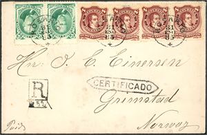 30,31. Argentina. 36 c postage to Norway. Two 2 c and four 8 c on a registered envelope to Grimstad, cancelled "Rosario 31.1.85".