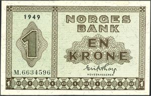 1 krone 1949, serie M.6634596. 0/01