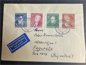 BRD Filatelistisk brev med Mi 143-46 1951 Helfer der Menschheit  til Sverige (Merkeverdi € 140)